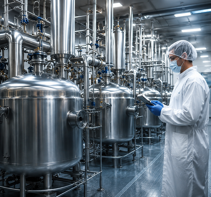 Industrial plant interior with stainless steel equipment